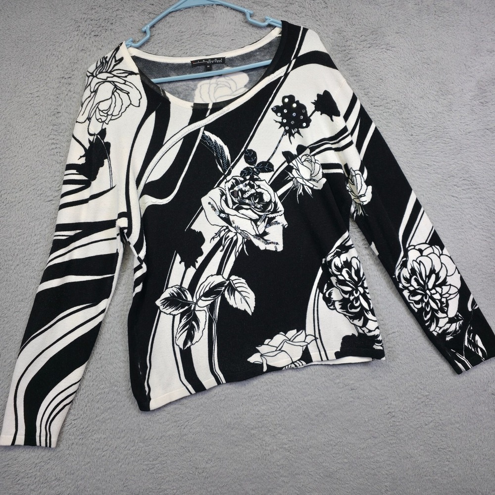 Pierri NY Sweater Womens M Black White‎ Floral Sequin Beaded Monochrome Elegant